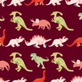 Colourful dinosaurs seamless pattern on brown background