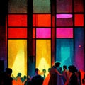 Colourful disco party with people silhouettes dancing with colorful windows Generative AI Art