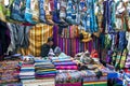 A colourful display of textile products for sale at the Indian Market in Otavalo in Ecuador.