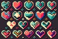 Colourful diverse pixel hearts on gray background, created using generative ai technology
