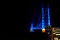 Colourful Dobra Chanti hanging bridge over Tehri Lake. Night view of Dobra-Chanti bridge. The 725-metre long Dobra Chanti Royalty Free Stock Photo