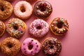 Colourful Donuts background. Top view of assorted glazed donuts.