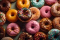 Colourful Donuts background. Top view of assorted glazed donuts.