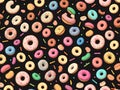 Colourful donuts on black background. Seamless pattern 3D illustration. AI generated