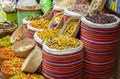 Colourful dried flowers in Marrakech medina market Royalty Free Stock Photo