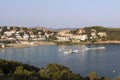 Colourful Early Summer Scene Overlooking Cala Batistoni Beach  Baia Sardinia  with Island Detail  Baia Sardinia  Sardinia  Italy. Royalty Free Stock Photo