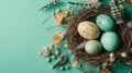 Colourful Easter background with birds nest and eggs in soft green tones Generative AI Illustration