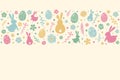 Colourful Easter eggs, bunnies and flowers on white background with copyspace. Vector Royalty Free Stock Photo