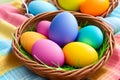 Happy Easter colourful Eggs in basket Royalty Free Stock Photo