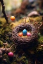 Colourful Easter eggs in the nest on a moss background. Happy Easter concept. AI Generative Royalty Free Stock Photo