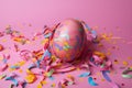 colourful egg on the pink floor covered with ribbons. Generator AI