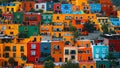 Colourful facades of houses fronts staying next to each other on a hill in Mexico, front view., Travel and cultural concept