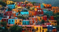 Colourful facades of houses fronts staying next to each other on a hill in Mexico, front view., Travel and cultural concept