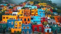 Colourful facades of houses fronts staying next to each other on a hill in Mexico, front view., Travel and cultural concept