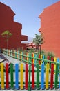 Colourful fence of childrens playground in Spanish vacation apartments