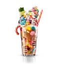 Colourful, festive cocktail with sweets, candy, jelly. Colorful array of different childs sweets and treats in cacao Royalty Free Stock Photo