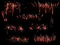 Colourful fireworks explosion on black background, pack of variety of different isolated patterns designs for composition