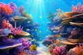 Colourful fish swimming in underwater coral reef landscape. Deep blue ocean with colorful fish and marine life