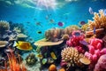 Colourful fish swimming in underwater coral reef landscape. Deep blue ocean with colorful fish and marine life