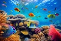Colourful fish swimming in underwater coral reef landscape. Deep blue ocean with colorful fish and marine life
