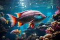 Colourful fish swimming in underwater coral reef landscape. Deep blue ocean with colorful fish and marine life
