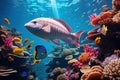 Colourful fish swimming in underwater coral reef landscape. Deep blue ocean with colorful fish and marine life