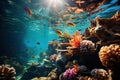 Colourful fish swimming in underwater coral reef landscape. Deep blue ocean with colorful fish and marine life