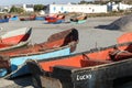 Colourful fishing boats on the beach at Paternoster, small fishing village with gourmet restaurants on west coast of South Africa