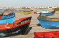 Colourful fishing boats on the beach at Paternoster, small fishing village with gourmet restaurants on west coast of South Africa