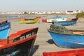 Colourful fishing boats on the beach at Paternoster, small fishing village with gourmet restaurants on west coast of South Africa