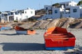 Colourful fishing boats on the beach at Paternoster, small fishing village on the west coast of South Africa in the Western Cape.