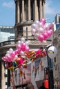 Colourful float with people on board and decorated with balloons, on Regent Street during the Gay Pride Parade 2018 in London. Royalty Free Stock Photo