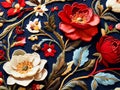 Colourful floral pattern, flower embroidery on blue background.