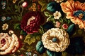 Colourful floral pattern with large vivid flowers on a brown background. A chintz background. Created with Generative AI