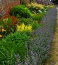 Colourful flower bed against old red brick wall. Royalty Free Stock Photo