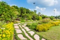 Colourful Flowerbeds and Winding Grass Pathway