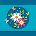 Colourful flowers with butterfly and leaf on blue background. Greeting of Spring flower or springtime. Royalty Free Stock Photo