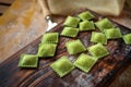 Colourful fresh ravioli with spinach on Board with flour