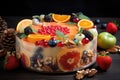 colourful fruit cake, with variety of fruits and nuts