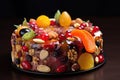 colourful fruit cake, with variety of fruits and nuts