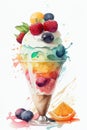 Colourful fruit ice cream in glass. Ice cream on white background. Watercolor AI generative illustration.