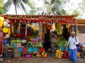 Colourful fruit and vegetable stall with man, Tissamaharama, Sri Lanka