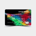 Colourful geometric credit card design. On the white background. Glossy plastic style.