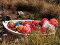 Colourful glass art spheres loaded to a small boat