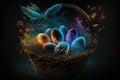 Colourful glowing easter eggs in a basket