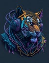 Colourful graffiti illustration of a Tiger as a DJ, wearing headphones, vibrant colours, Digital art.