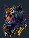 Colourful graffiti illustration of a Tiger as a DJ, wearing headphones, vibrant colours, Digital art.