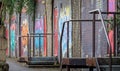 Colourful graffiti on series of brick arches - part of old warehouses in Bath, Somerset, UK Royalty Free Stock Photo