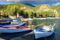 Colourful Greek Fishing Boats in Small Village Harbour, Greece Royalty Free Stock Photo