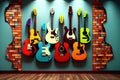 Colourful Guitar Wall with Many Instruments hung on Wall Generative AI Illustration